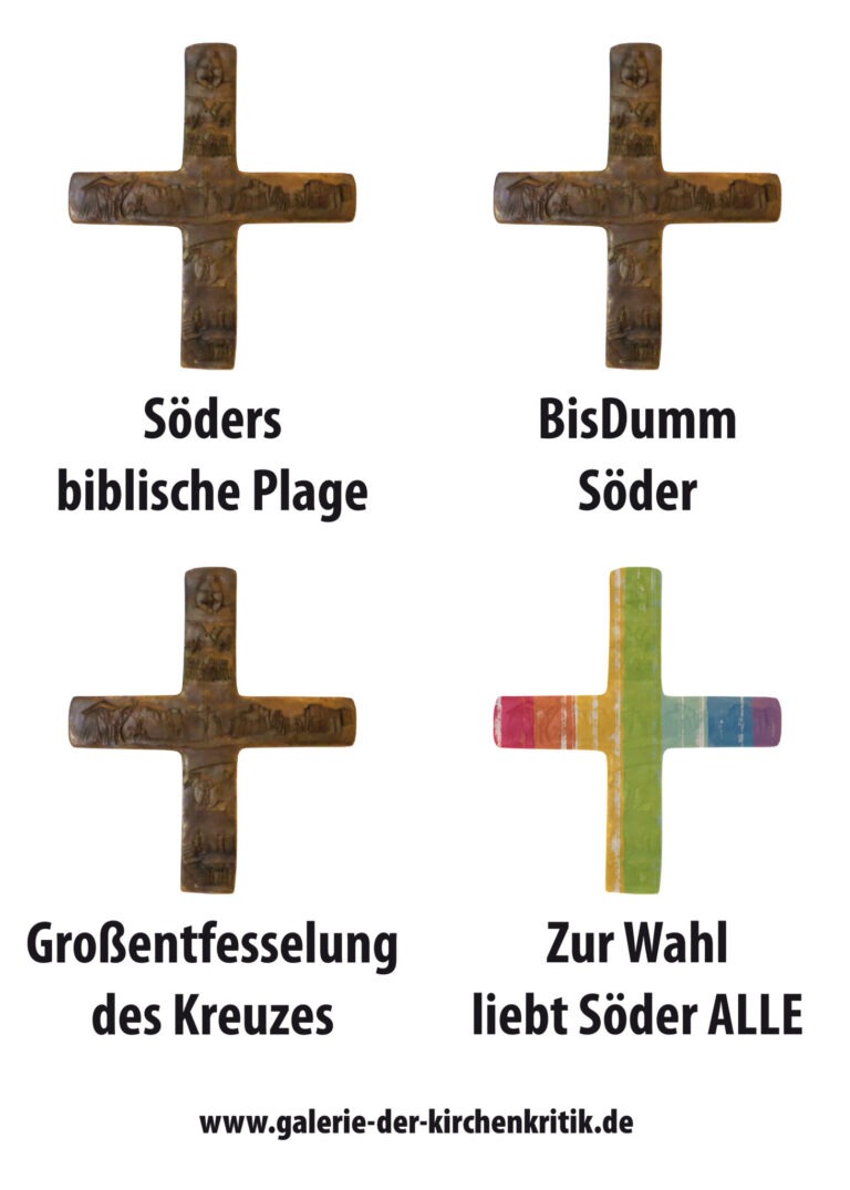 Satirisches Plakat: Vier Kreuze