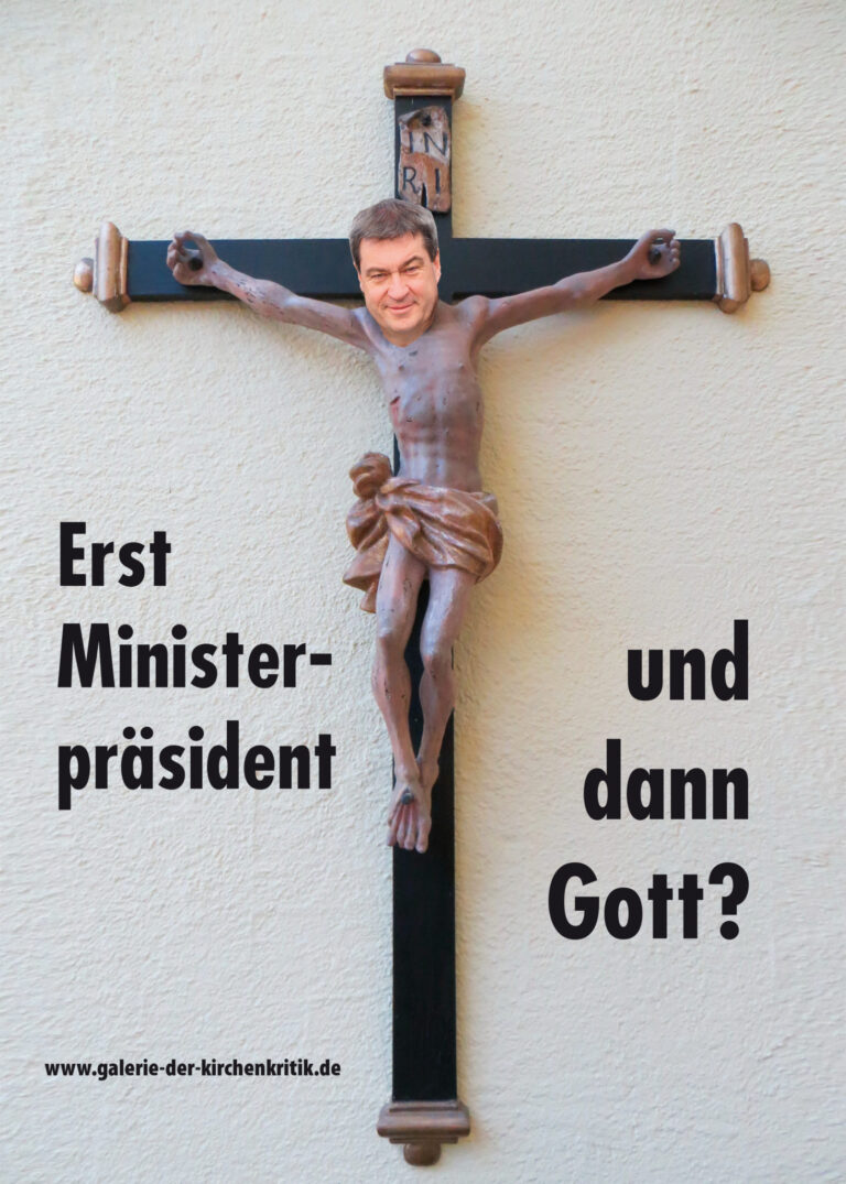 Satirisches Plakat: Kreuz und Gott